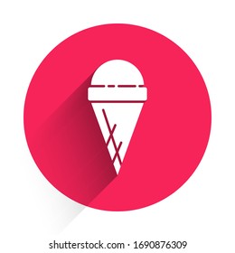 White Ice cream in waffle cone icon isolated with long shadow. Sweet symbol. Red circle button. Vector Illustration