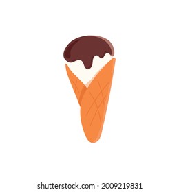 White ice cream in a waffle cone poured with chocolate isolated on a white background. Vector illustration.