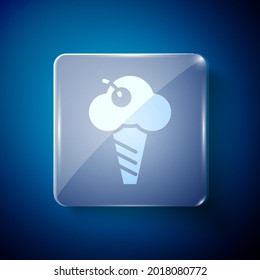 White Ice cream in waffle cone icon isolated on blue background. Sweet symbol. Square glass panels. Vector