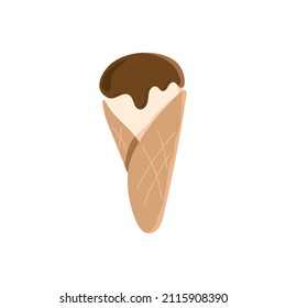 White ice cream in a waffle cone topped with chocolate. Isolated on white background. Vector illustration.