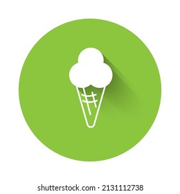 White Ice cream in waffle cone icon isolated with long shadow background. Sweet symbol. Green circle button. Vector