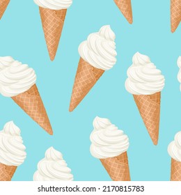 White ice cream in waffle cone seamless pattern. Sweet dessert background. Vector cartoon flat illustration.