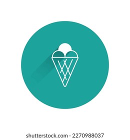 White Ice cream in waffle cone icon isolated with long shadow. Sweet symbol. Green circle button. Vector