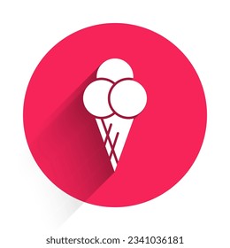 White Ice cream in waffle cone icon isolated with long shadow. Sweet symbol. Red circle button. Vector Illustration