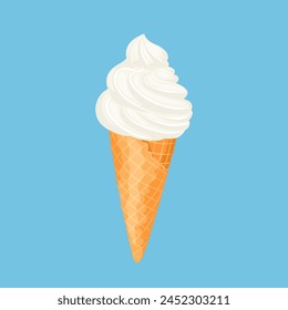 White ice cream in waffle cone isolated on blue background. Vector cartoon illustration of sweet dessert.