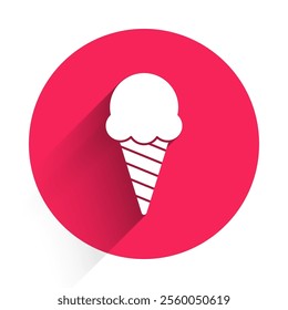 White Ice cream in waffle cone icon isolated with long shadow. Sweet symbol. Red circle button. Vector Illustration