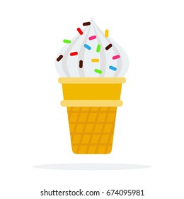 White ice cream in a waffle cup with confectionery dots vector flat material design isolated on white