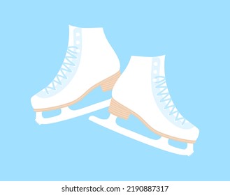 White ice figure skates on a blue background. Flat vector illustration