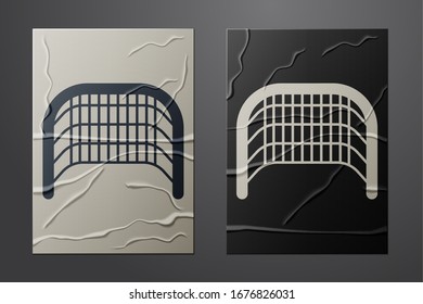 White Ice hockey goal with net for goalkeeper icon isolated on crumpled paper background. Paper art style. Vector Illustration