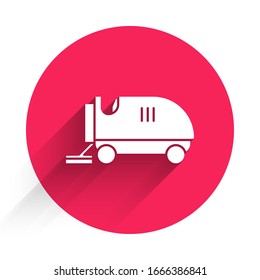 White Ice resurfacer icon isolated with long shadow. Ice resurfacing machine on rink. Cleaner for ice rink and stadium. Red circle button. Vector Illustration