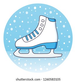 White ice skate on a winter background round icon