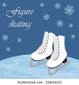 White ice skates on the ice rink background and text. Vector illustration