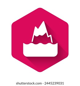 White Iceberg icon isolated with long shadow background. Pink hexagon button. Vector