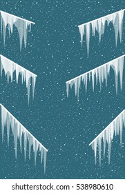 White icicles railing on dark blue background. Winter Cristmas slippery ice
