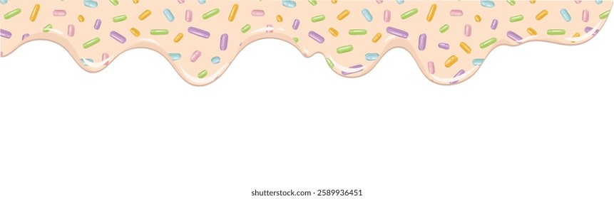 White icing with multicolored sugar sprinkles. Spreading white chocolate. Sweet flowing background. White liquid dessert drips and melts. Vector background for holidays, birthday and Easter.