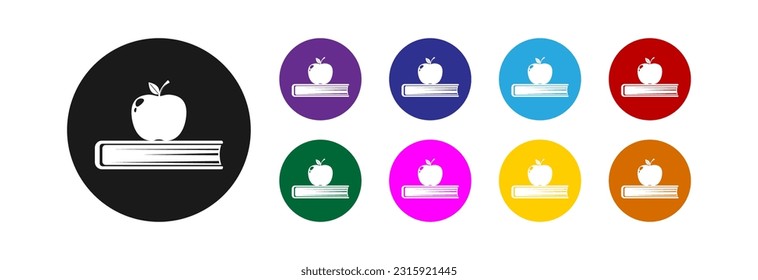 White icon of apple and book in different colors. Set of icons.