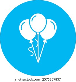 A white icon of balloons tied with ribbons on a light blue circular background, symbolizing celebration, joy, and festivity. The design evokes a sense of happiness and fun, perfect for events and spec