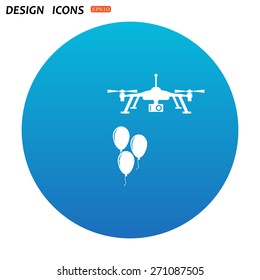 White icon. Blue circle on a white background. Aerial photography. Festive balloons. Quadrocopter. icon. vector design