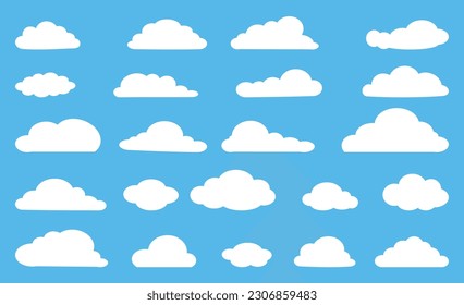 Nubes de iconos blancos muestran ilustraciones de dibujos animados, sobre fondo azul