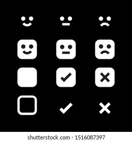 white icon emotions face, emotional symbol and approval check sign button, white emotions faces and checkmark x or confirm and deny, button white flat for apps, white icons checkmark