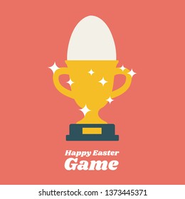 white Icon funny chocolate egg and symbol vector in a golden emblem glowing Trophy Cup flat design & Winning football soccer for sport. happy easter game. holiday creative & concept cartoon isolated 