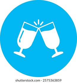 A white icon of glasses clinking in a toast on a light blue circular background, symbolizing celebration, friendship, and joy. The design evokes a festive atmosphere, perfect for marking special momen