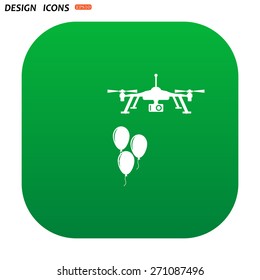 White Icon. Green Square Button With Rounded Corners For Mobile Applications. Aerial Photography. Festive Balloons. Quadrocopter. Icon. Vector Design