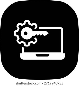 A white icon on a black background showing a laptop with a gear and a key, symbolizing digital security, access, and system configuration.