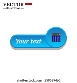 White icon on the blue button for websites. White background with shadow. Your text. battery charger with batteries, vector illustration, EPS 10 