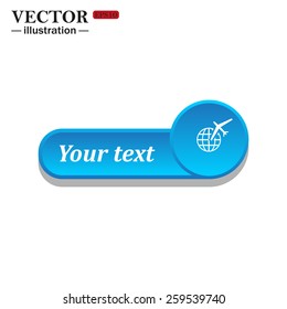 White icon on the blue button for websites. White background with shadow. Your text. Fashion Icon aircraft around the world, vector illustration, EPS 10