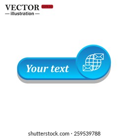 White icon on the blue button for websites. White background with shadow. Your text. Internet e-mail, envelope letter, Globe,  vector illustration, EPS 10