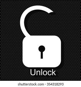White icon put on a black polka dot background. unlock icon.
