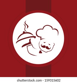 a white icon with a red silhouette of a chef with a hot dish for menu design