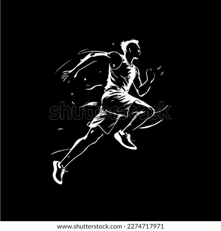 White icon of runner silhouette on black background, sport logo template, jogging or jumping modern logotype concept, t-shirts print, tattoo, infographic. Vector illustration