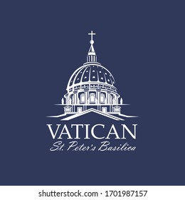 white icon of Saint Peters Basilica at Vatican isolated on blue background