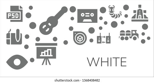 white icon set. 11 filled white icons.  Collection Of - Psd, Guitar, Graphic tablet, Perspective, View, Walkie talkie, Tape, Presentation, Caterpillar, Truck, Windmill