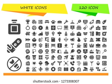  white icon set. 120 filled white icons. Simple modern icons about  - Fragance, Bomb, Chainsaw, Trophy, Eco, Woods, Bench, Pawprints, Bread, Plunger, Clothing hanger, Caramelized apple