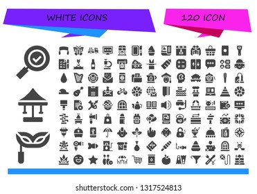 white icon set. 120 filled white icons.  Collection Of - Check mark, Eye mask, Swing, Saw, Butterfly, Truck, Computer, Train, Dissection, Cupcake, Bath, Calendar, Wig, Basket