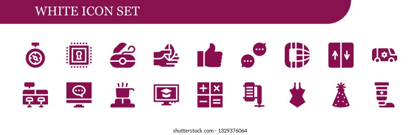 white icon set. 18 filled white icons.  Collection Of - Compass, Chip, Dental floss, Hand, Like, Chat, Phone call, Elevator, Van, Cash register, Computer, Cooker, Calculator, Compressor