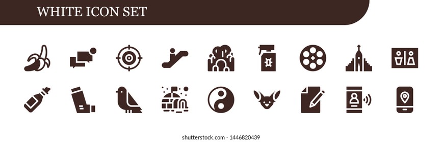 white icon set. 18 filled white icons.  Simple modern icons about  - Banana, Chat, Target, Escalator, Cave, Spray, Film reel, Hallgrimskirkja, Wc, Oil, Inhaler, Bird, Igloo, Yin yang