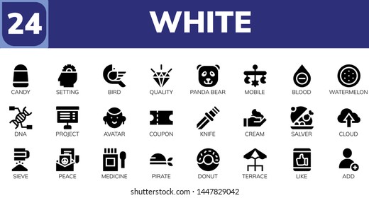white icon set. 24 filled white icons.  Simple modern icons about  - Candy, Setting, Bird, Quality, Panda bear, Mobile, Blood, Watermelon, Dna, Project, Avatar, Coupon, Knife