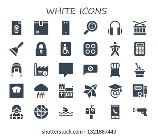 white icon set. 30 filled white icons.  Collection Of - d, Package, Smartphone, Information, Headphones, Drum, Plunger, Padlock, Wheelchairs, Stove, Wingsuit, Calculator, Coif