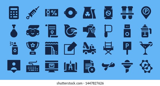 white icon set. 32 filled white icons. on blue background style Simple modern icons about  - Calculator, Chicken, Paint spray, Followers, Vaccine, Avatar, Trophy, Keyboard, Gift voucher