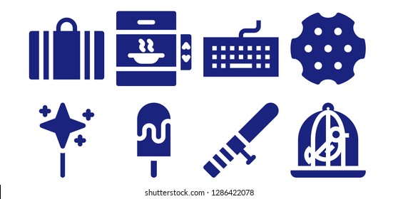  white icon set. 8 filled white icons. Simple modern icons about  - Wand, Suitcase, Ice cream, Elevator, Baton, Keyboard, Dove, Revolver