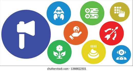 white icon set. 9 filled white icons.  Collection Of - Axe, Hermit crab, Woods, Flower, Poo, Idea, Archery, Password, Mentalist