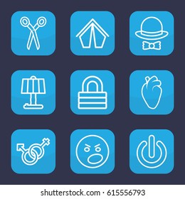White icon. set of 9 outline white icons such as barber scissors, lock, heart organ, male and female, hat and bow, switch off, angry emot, tent