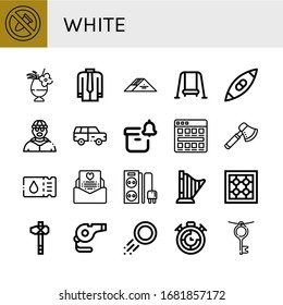 conjunto de iconos blancos. Colección de No bombas, Cóctel, Pantalones, Sandwich, Swing, Kayak, Burglar, Suv, Notificación, Mosaicos, Eje, Entradas, Invitación a la Boda, Tira Eléctrica, Arpa, Fiestas