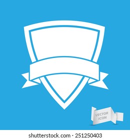 white icon of shield with vector ribbon on a white background