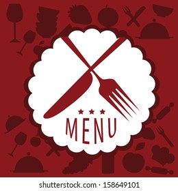 a white icon with two red utensils and text in a red background