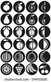 White icons in black circle with theme of fruit.